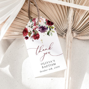 Burgundy Flowers, Pink Flowers, Floral Baptism Gift Tags