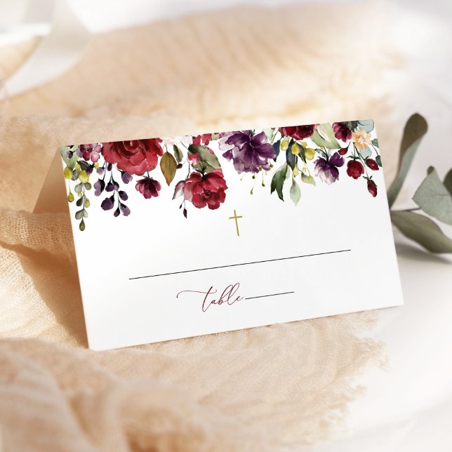 Burgundy Flowers, Pink Flowers, Floral Baptism Place Card (Creator Uploaded)