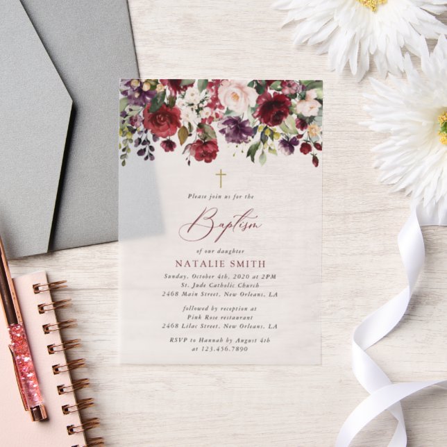 Burgundy Flowers, Pink Flowers, Floral Baptism Vellum Invitations (Wedding)