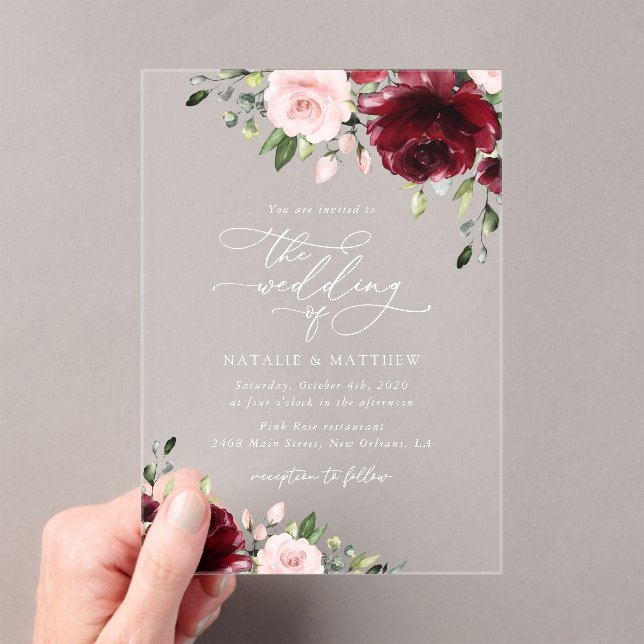 Burgundy Flowers, Pink Flowers, Greenery, Wedding Acrylic Invitations (Insitu (Handheld))
