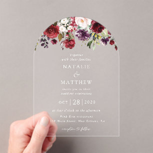 Burgundy Flowers, Pink Flowers, Greenery, Wedding Acrylic Invitations