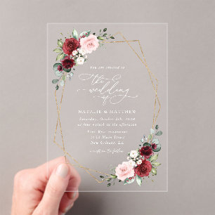 Burgundy Flowers, Pink Flowers, Greenery, Wedding Acrylic Invitations