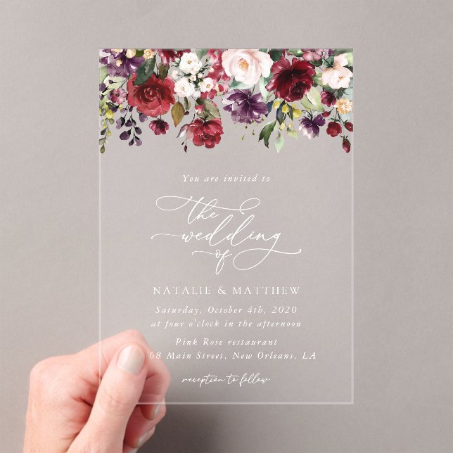 Burgundy Flowers, Pink Flowers, Greenery, Wedding Acrylic Invitations (Insitu (Handheld))