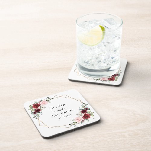 Burgundy Flowers Pink Flowers Greenery Wedding Beverage Coaster