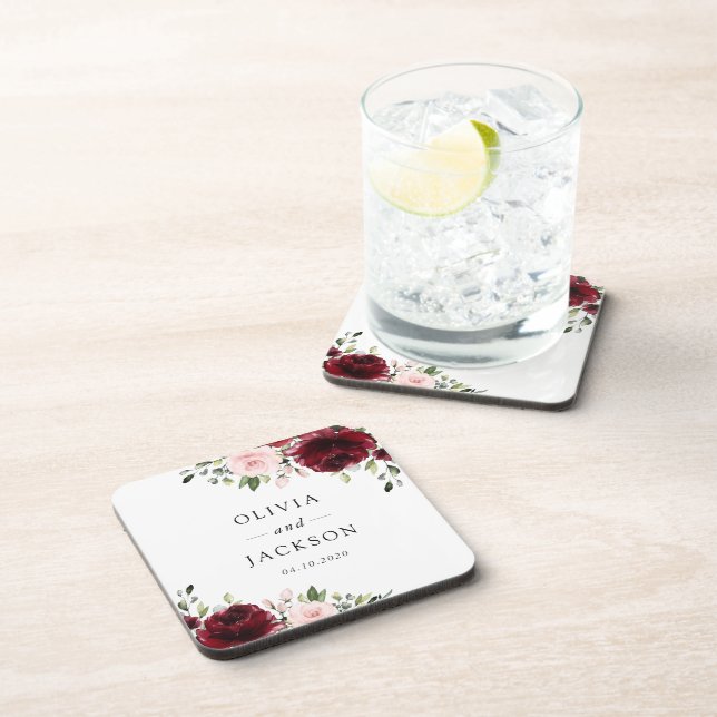 Burgundy Flowers, Pink Flowers, Greenery, Wedding Beverage Coaster (Right Side)