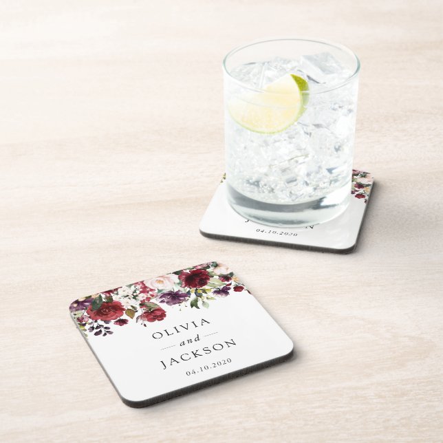 Burgundy Flowers, Pink Flowers, Greenery, Wedding Beverage Coaster (Right Side)