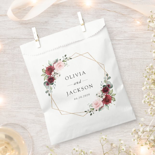 Burgundy Flowers, Pink Flowers, Greenery, Wedding Favor Bag (Clipped)