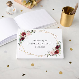 Burgundy Flowers, Pink Flowers, Greenery, Wedding Guest Book