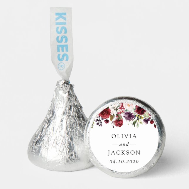 Burgundy Flowers, Pink Flowers, Greenery, Wedding Hershey®'s Kisses® (Front)