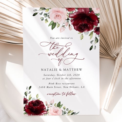 Burgundy Flowers Pink Flowers Greenery Wedding Invitation