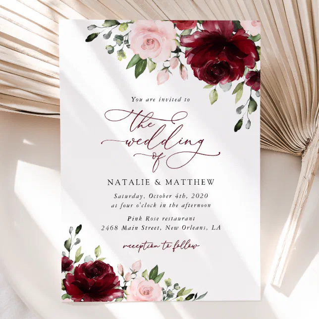 Burgundy Flowers, Pink Flowers, Greenery, Wedding Invitation | Zazzle