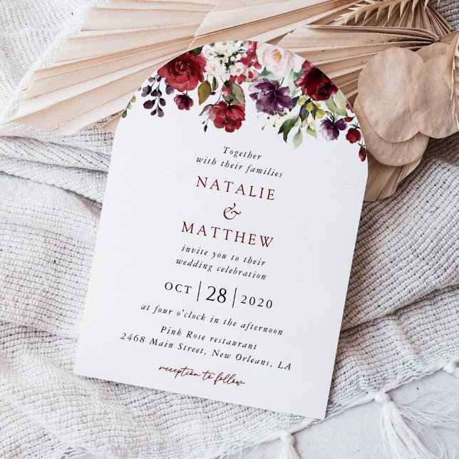 Burgundy Flowers, Pink Flowers, Greenery, Wedding Invitation (Creator Uploaded)