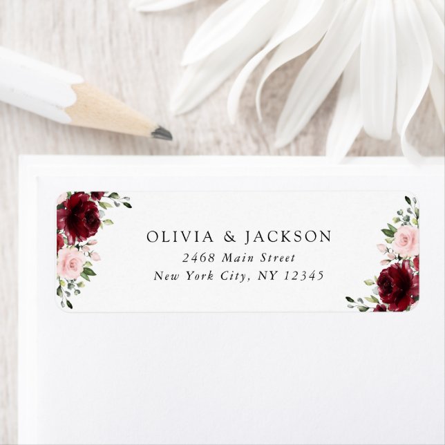 Burgundy Flowers, Pink Flowers, Greenery, Wedding Label (Insitu)