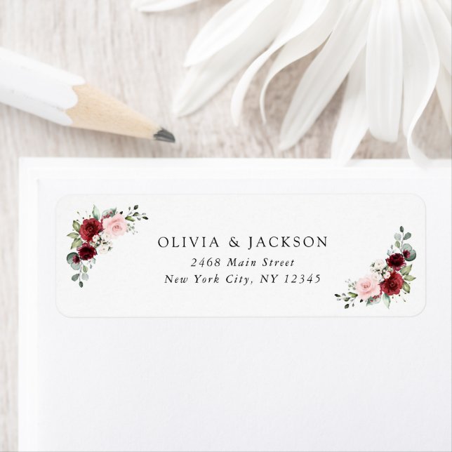 Burgundy Flowers, Pink Flowers, Greenery, Wedding Label (Insitu)