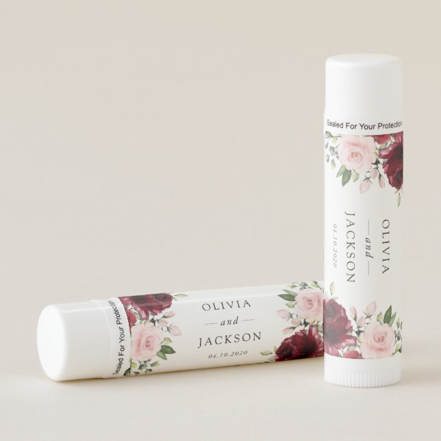 Burgundy Flowers, Pink Flowers, Greenery, Wedding Lip Balm (Front)