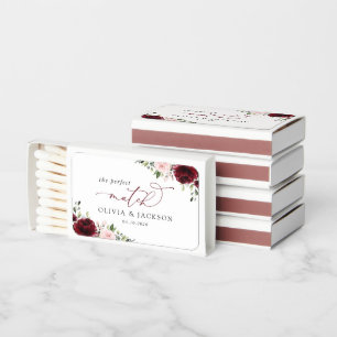 Burgundy Flowers, Pink Flowers, Greenery, Wedding Matchboxes