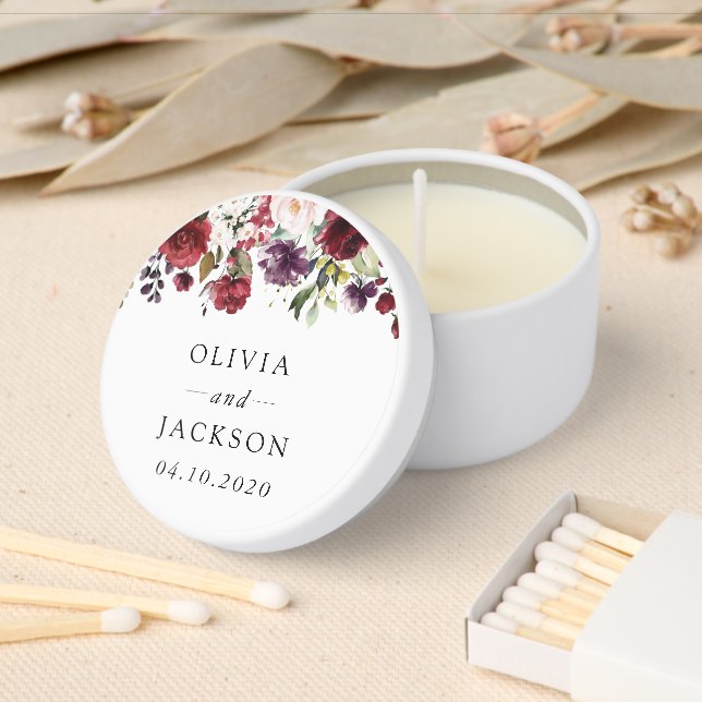 Burgundy Flowers, Pink Flowers, Greenery, Wedding Mini Candle Favors (Insitu)