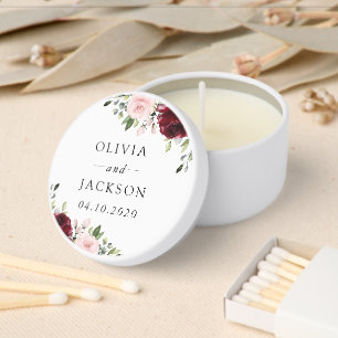 Burgundy Flowers, Pink Flowers, Greenery, Wedding Mini Candle Favors