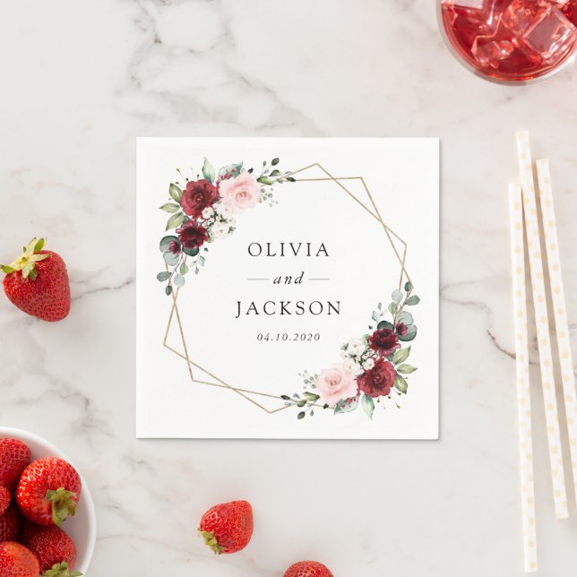 Burgundy Flowers, Pink Flowers, Greenery, Wedding Napkins (Insitu)