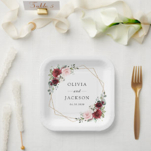 Burgundy Flowers, Pink Flowers, Greenery, Wedding Paper Plates