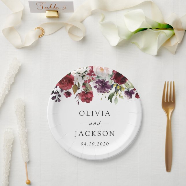 Burgundy Flowers, Pink Flowers, Greenery, Wedding Paper Plates (Wedding)