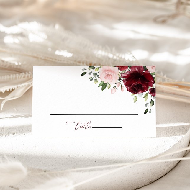 Burgundy Flowers, Pink Flowers, Greenery, Wedding Place Card (Creator Uploaded)