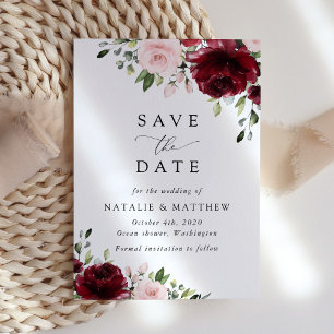 Burgundy Flowers, Pink Flowers, Greenery, Wedding Save The Date