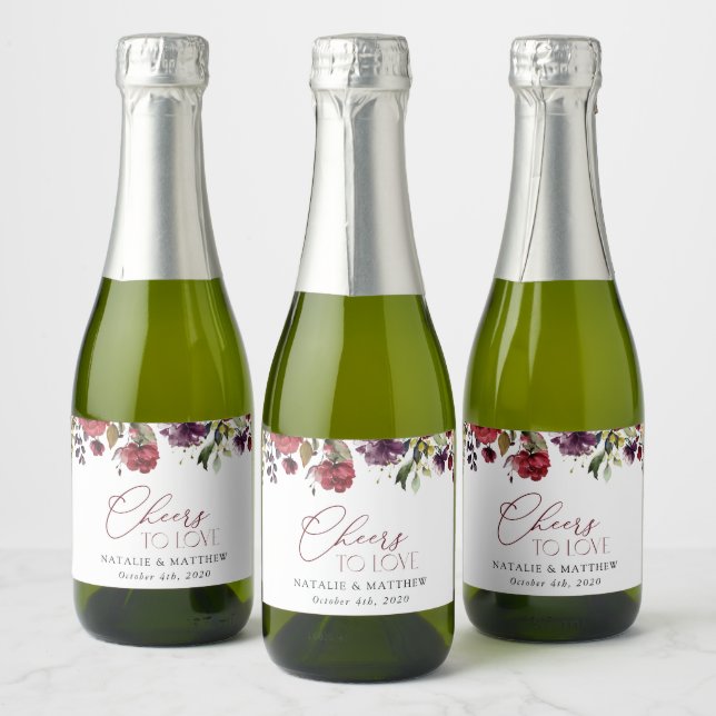 Burgundy Flowers, Pink Flowers, Greenery, Wedding Sparkling Wine Label (Bottles)