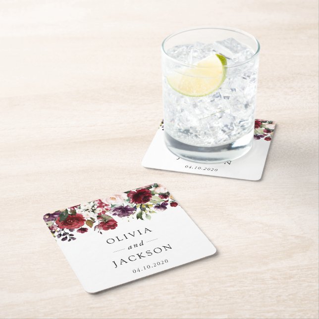 Burgundy Flowers, Pink Flowers, Greenery, Wedding Square Paper Coaster (Insitu)