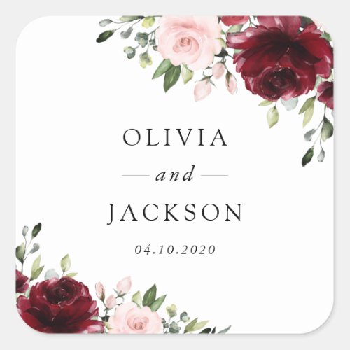 Burgundy Flowers Pink Flowers Greenery Wedding Square Sticker