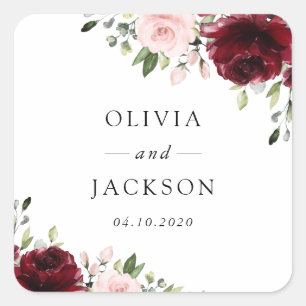 Burgundy Flowers, Pink Flowers, Greenery, Wedding Square Sticker