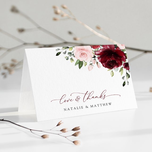 Burgundy Flowers, Pink Flowers, Greenery, Wedding Thank You Card (Creator Uploaded)