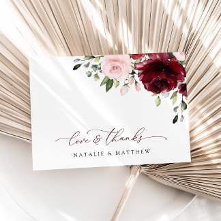 Burgundy Flowers, Pink Flowers, Greenery, Wedding Thank You Card