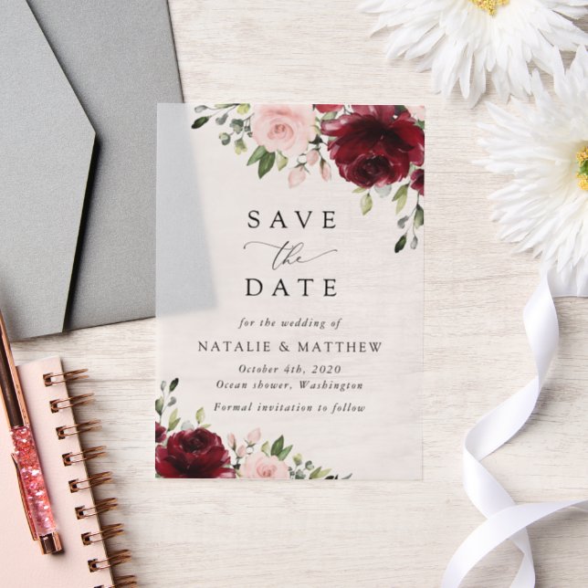 Burgundy Flowers, Pink Flowers, Greenery, Wedding Vellum Invitations (Wedding)