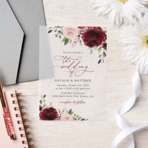 Burgundy Flowers, Pink Flowers, Greenery, Wedding Vellum Invitations