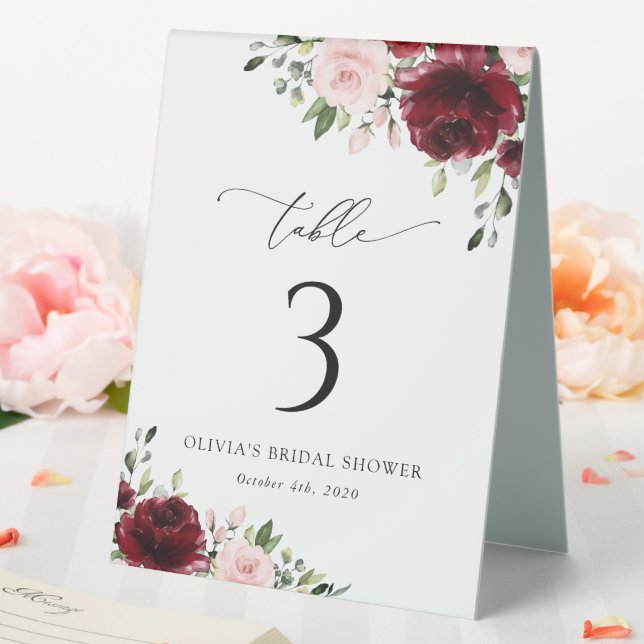 Burgundy Flowers, Pink Flowers, Table Numbers Table Tent (In SItu (Wedding))