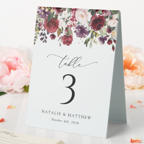 Burgundy Flowers Pink Flowers Table Numbers Table Tent Sign