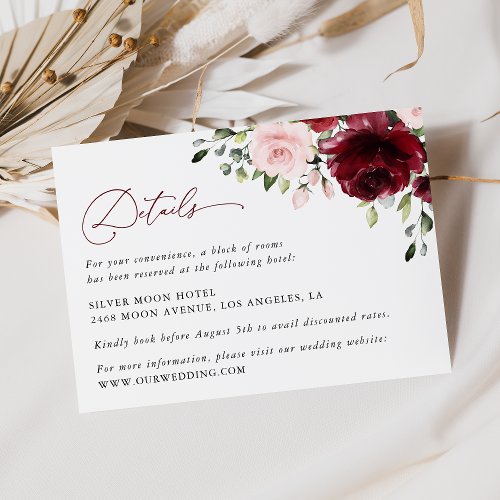 Burgundy Flowers Pink Flowers Wedding Details Enclosure Card