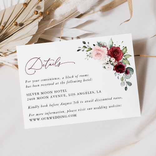 Burgundy Flowers Pink Flowers Wedding Details Enclosure Card
