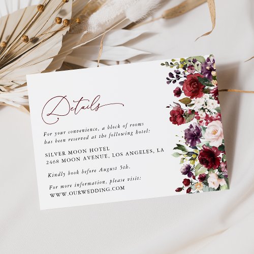 Burgundy Flowers Pink Flowers Wedding Details Enclosure Card