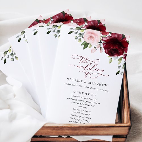 Burgundy Flowers Pink Flowers Wedding Program