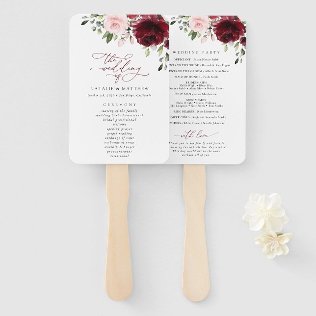 Burgundy Flowers, Pink Flowers, Wedding Program Hand Fan (Front and Back)