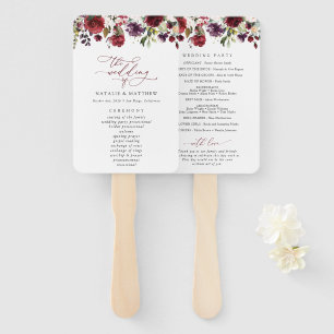 Burgundy Flowers, Pink Flowers, Wedding Program Hand Fan