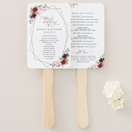 Burgundy Flowers Pink Flowers Wedding Program Hand Fan