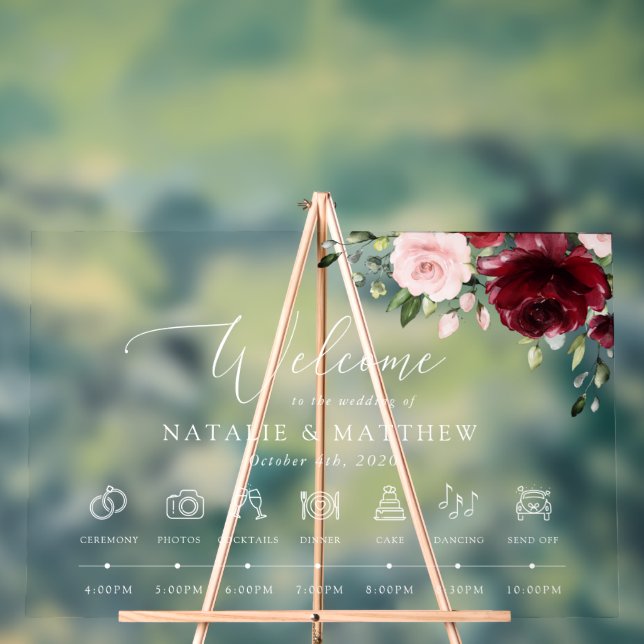 Burgundy Flowers, Pink Flowers, Wedding Timeline Acrylic Sign (Neutral)