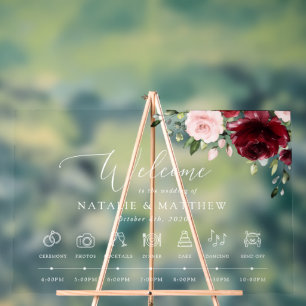 Burgundy Flowers, Pink Flowers, Wedding Timeline Acrylic Sign