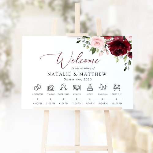 Burgundy Flowers Pink Flowers Wedding Timeline Sign