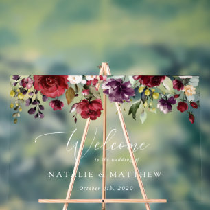 Burgundy Flowers, Pink Flowers, Wedding Welcome Acrylic Sign