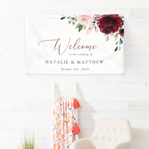 Burgundy Flowers Pink Flowers Wedding Welcome Banner