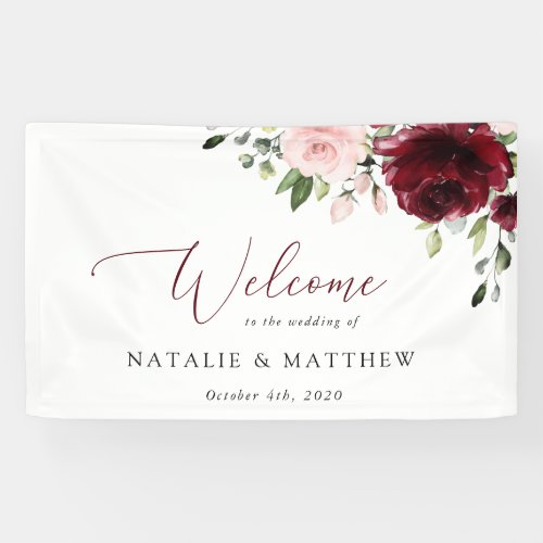 Burgundy Flowers Pink Flowers Wedding Welcome Banner